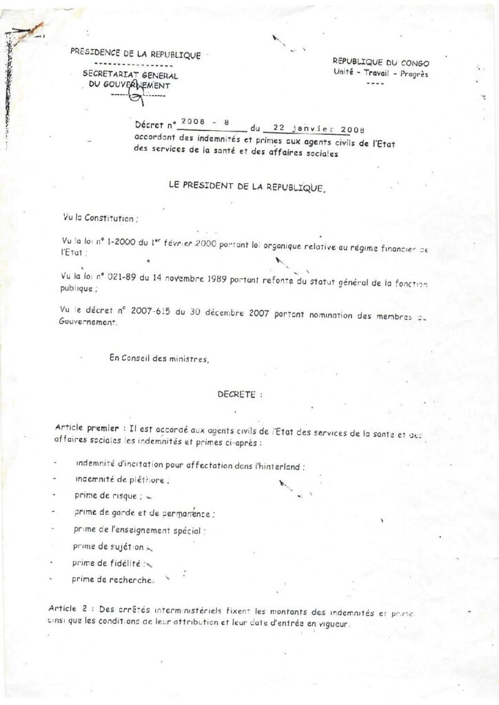 Décret accordant des indemnités et primes aux agents civils de l’Etat des services de la santé et des affaires sociales