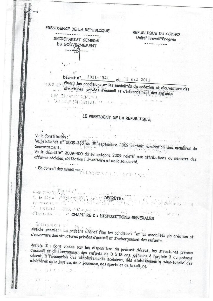 Décret fixant les conditions de création et d’ouverture des structures privées d’acceuil et d’hébergement des enfants
