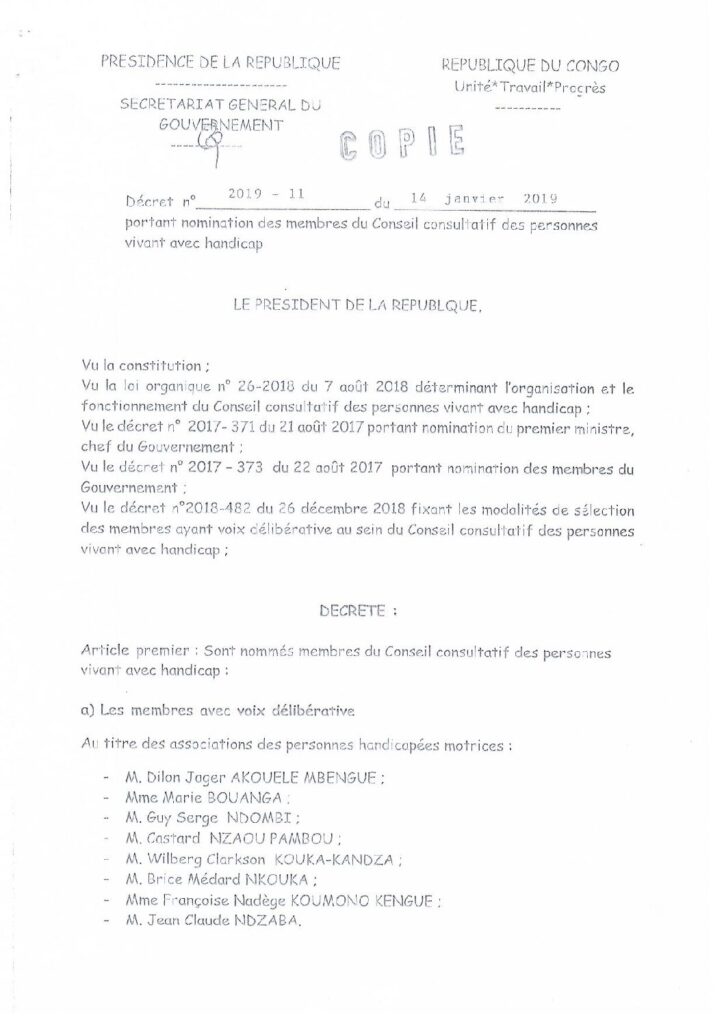 Décret nomination membres Conseil Consultatif des Personnes vivant avec Handicap