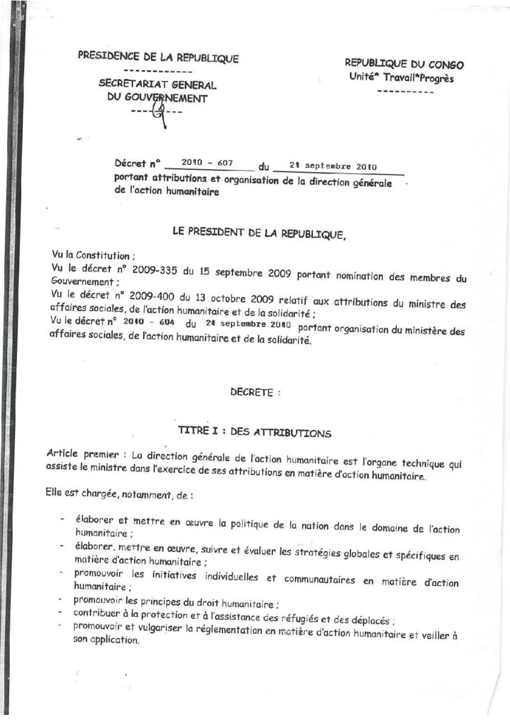 Décret portant attribution et organisation de la Direction Générale de l’Action Humanitaire
