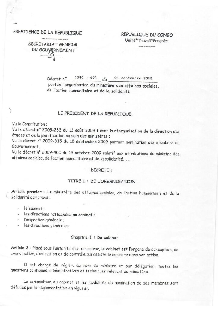 Décret portant organisation du ministère des Affaires Sociales, de l’Action Humanitaire et de la Solidarité