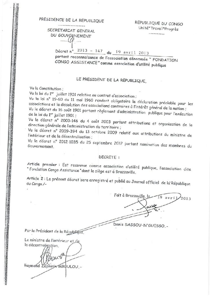 Decret portant reconnaissance de la Fondation Congo Assistance comme association d’utilité publique