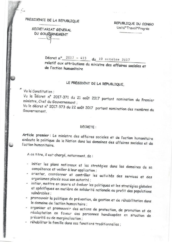 Décret relatif aux attributions du ministre des Affaires Sociales et de l’Action Humanitaire