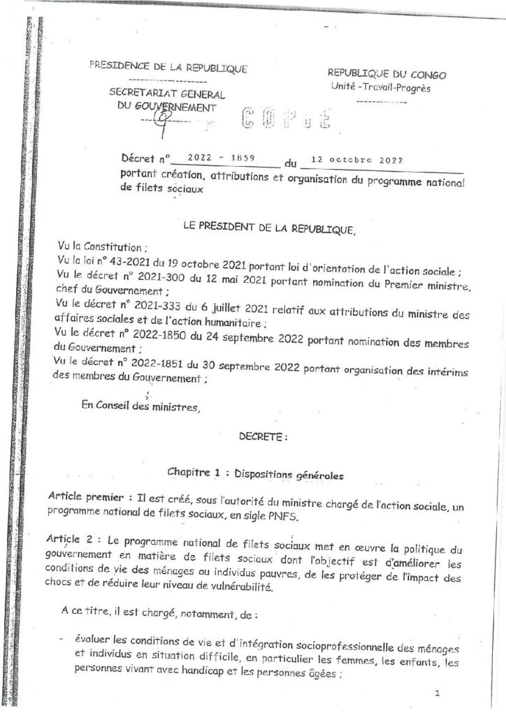 Décret portant création, attribution et organisation du programme national de filets sociaux