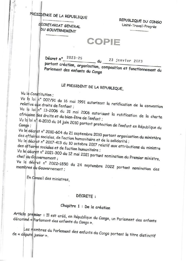 Décret portant création, organisation,composition et fonctionnement du Parlement des enfants du Congo